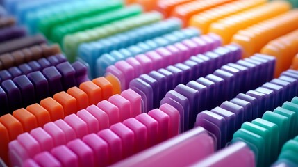An assortment of colorful perm rods of various sizes, neatly organized in a salon drawer. - obrazy, fototapety, plakaty