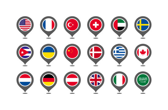 Location tags of popular countries. Flat, colored national flags in the form of a geolocation tag. Vector icons