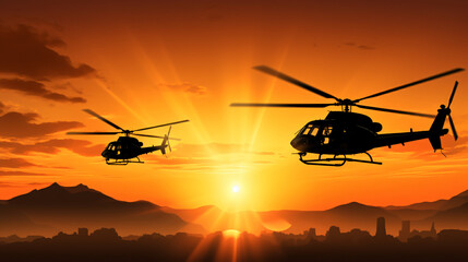 Fototapeta na wymiar Helicopter silhouettes on sunset background