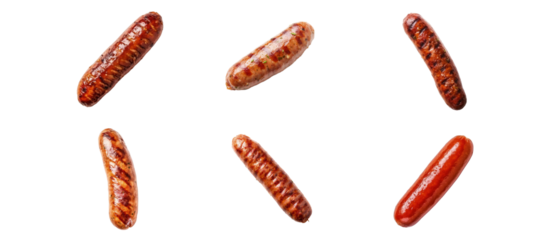 Set of different sausagessuach as Andouille sausage, Banger sausage, Boewors, Bratwurst, Cervelat, Frankfurter isoalted on white