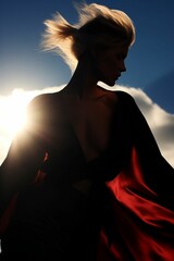 AI illustration of a silhouette of a young woman in a red dress against a sky backdrop.