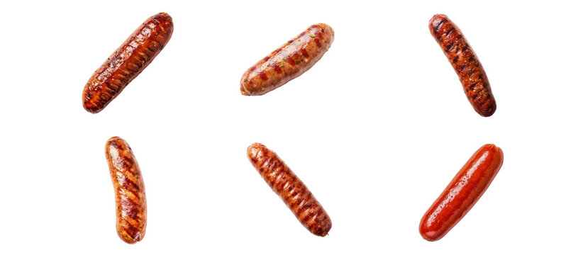 Set of different sausagessuach as Andouille sausage, Banger sausage, Boewors, Bratwurst, Cervelat, Frankfurter isoalted on white