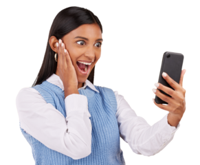Happy woman, phone and excitement for offer on social media, internet or app by notification. Indian person, shout and emoji for announcement, alert or deal on isolated or transparent png background