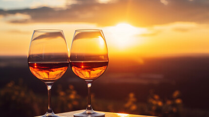 Glasses of wine with sunset sky background