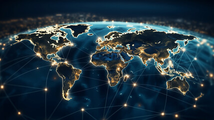 View of the entire world, map with trade routes and light - obrazy, fototapety, plakaty