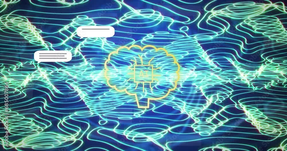 Poster animation of ai data processing over blue glowing lines on dark background