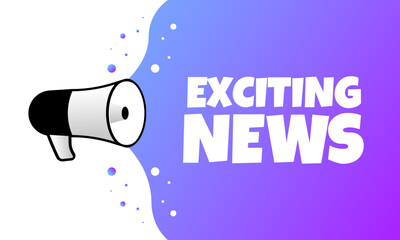 Exciting news sign. Flat, purple, megaphone text, exciting news icon. Vector icon