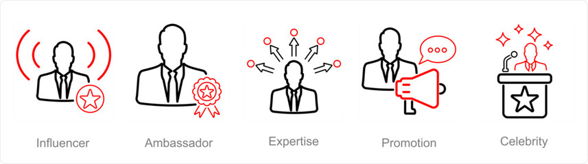 A set of 5 Influencer icons as influencer, ambassador, expertise