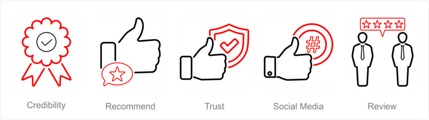 A set of 5 Influencer icons as credibility, recomment, trust
