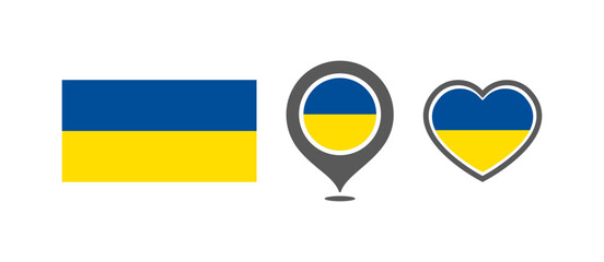 National flag of the Ukraine. Flag in the shape of rectangles, location marks, hearts. Ukraine national flag for language selection design. Vector icons