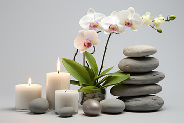 Fototapeta na wymiar a white candle, flowers and stones. spa concept. relaxation
