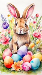 Easter bunny among bright flowers and colorful eggs