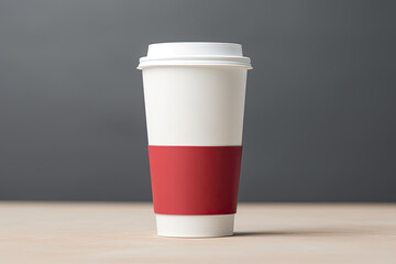 Minimalist Design Coffee Cup with Red Band on Wooden Table