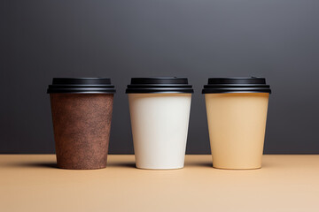 Trio of Takeout Coffee Cups on a Beige Surface