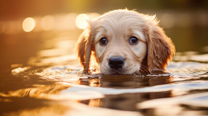 Golden retriever puppy is swimming in the water