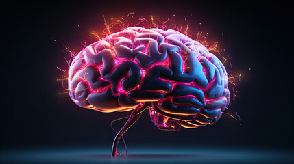 scifi artwork brain. rainbow glowing brain digital art. human brain technology concept digital. organ anatomy  - obrazy, fototapety, plakaty