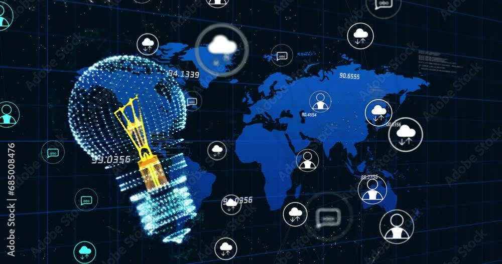Poster animation of light bulb, cloud icons and data processing over world map