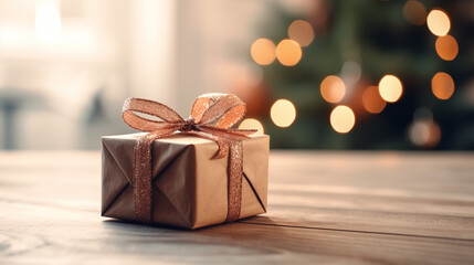 Clean table with christmas gift and blur with christmas tree and decorations copy space mock up