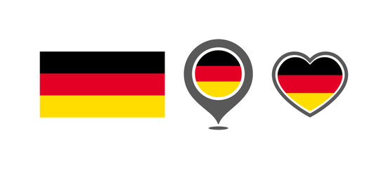 National flag of the Germany. Flag in the shape of rectangles, location marks, hearts. Germany national flag for language selection design. Vector icons