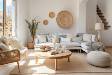 Nice scandinavian bright modern living room with white walls