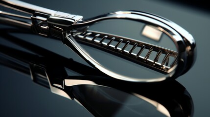 An eyelash curler in a reflective surface, with its reflection showcasing the lashes it has curled.