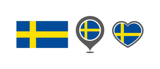 National flag of the Sweden. Flag in the shape of rectangles, location marks, hearts. Sweden national flag for language selection design. Vector icons