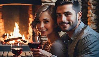 Para młodych ludzi pije wino przed kominkiem. Romantyczne chwile zakochanych, wieczór walentynkowy - obrazy, fototapety, plakaty