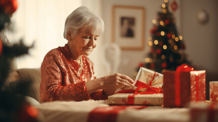 Obraz na płótnie Canvas Grandmother is wrapping presents for Christmas