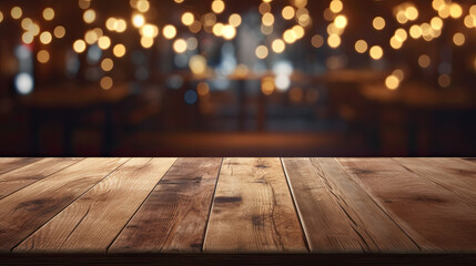 empty wooden table with bokeh lights on background. can use for display product