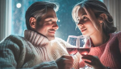 Kobieta i mężczyzna spędzający wspólnie zimowy wieczór z lampką wina. Motyw walentynek, randki, wspólnego spędzania czasu osób będących w związku - obrazy, fototapety, plakaty