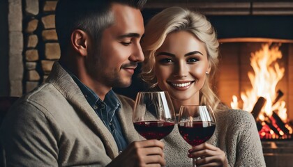 Para młodych ludzi pije wino przed kominkiem. Romantyczne chwile zakochanych, wieczór walentynkowy - obrazy, fototapety, plakaty