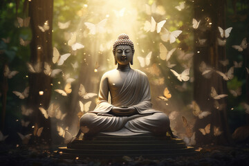 A tranquil Buddha statue amid a forest adorned with graceful white butterflies, embodying spiritual serenity and nature's gentle dance. Ai generated