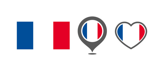 National flag of the France. Flag in the shape of rectangles, location marks, hearts. France national flag for language selection design. Vector icons