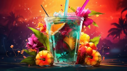 fresh cup soda drink tropical illustration background juice, glass water, beverage sweet fresh cup...