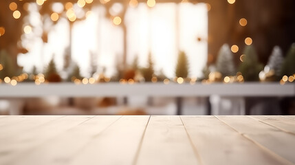 Holiday Mockup Magic: Empty Table with Bokeh Background and Seasonal Ornaments