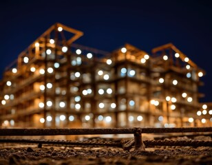 Night blurred building and scaffolding at construction site lit with artificial lighting