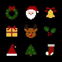 Set of Christmas Decorations pixel art style on black background