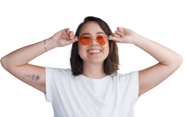 Woman, portrait and happy with sunglasses or hands with designer eyewear isolated on png transparent background. Person, face or smile with shades, beauty or confidence for accessory or summer style