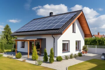 New suburban house with a photovoltaic system. Solar panel system on the roof