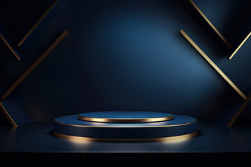 A photo featuring a sleek, geometric podium in a dark blue hue with a golden spotlight effect for emphasis. Copy space - obrazy, fototapety, plakaty