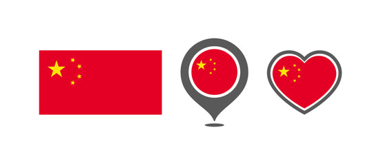 National flag of the China. Flag in the shape of rectangles, location marks, hearts. China national flag for language selection design. Vector icons