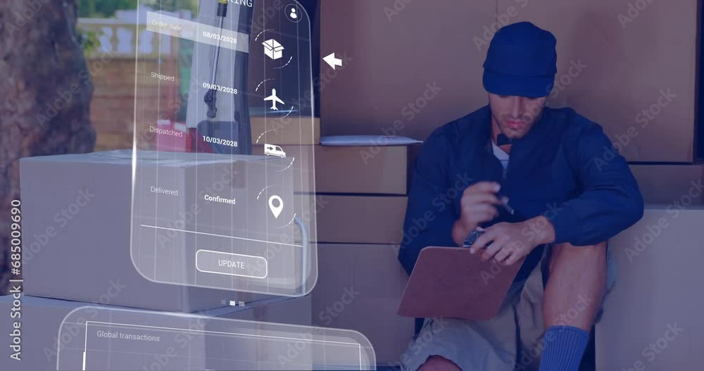 Aufkleber animation of data processing over screens and caucasian delivery man with clipboard