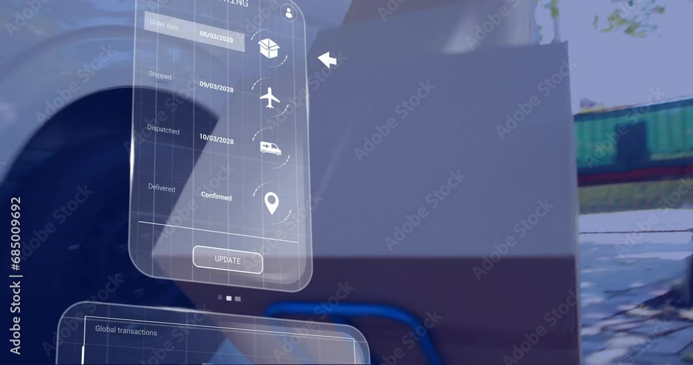 Poster animation of data processing over screens and caucasian delivery man with box