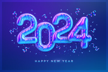 Happy New Year 2024. Colorful foil balloon numbers on blue background. High detailed 3D iridescent foil helium balloons. Merry Christmas and Happy New Year 2024 greeting card. Vector illustration.