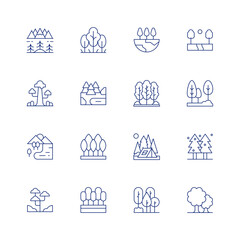 Forest line icon set on transparent background with editable stroke. Containing lanscape, sequoia, lake, rainforest, forest, nature, tent, pine tree, trees.