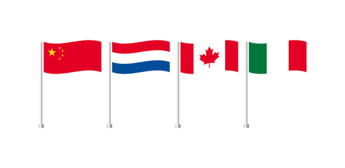 National flags of countries. Flags of China, Netherlands, Canada, Italy icons. Colored national flags of countries on a flagpole. Vector icons