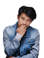 asian man is emotional, excited, in a denim jacket