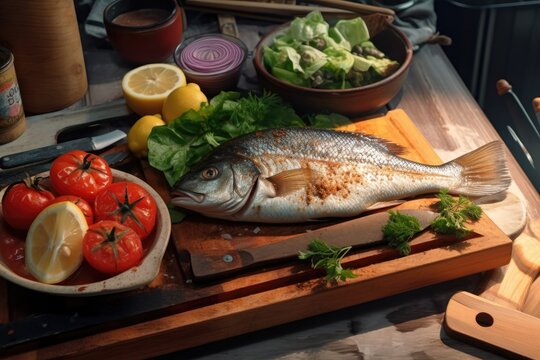 Free photo top view sea fish lemon and tomato around on wood board
