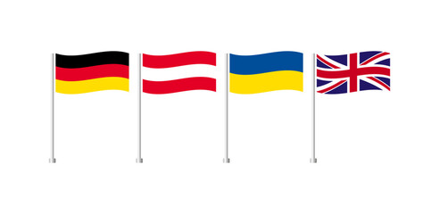 National flags of countries. Flags of Germany, Austria, Ukraine, Great Britain icons. Colored national flags of countries on a flagpole. Vector icons