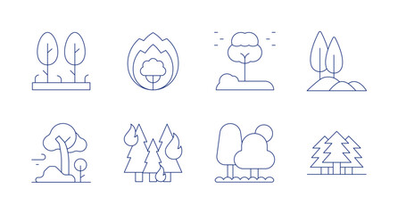 Forest icons. Editable stroke. Containing trees, wildfire, tree, burning, forest, hill, pines.